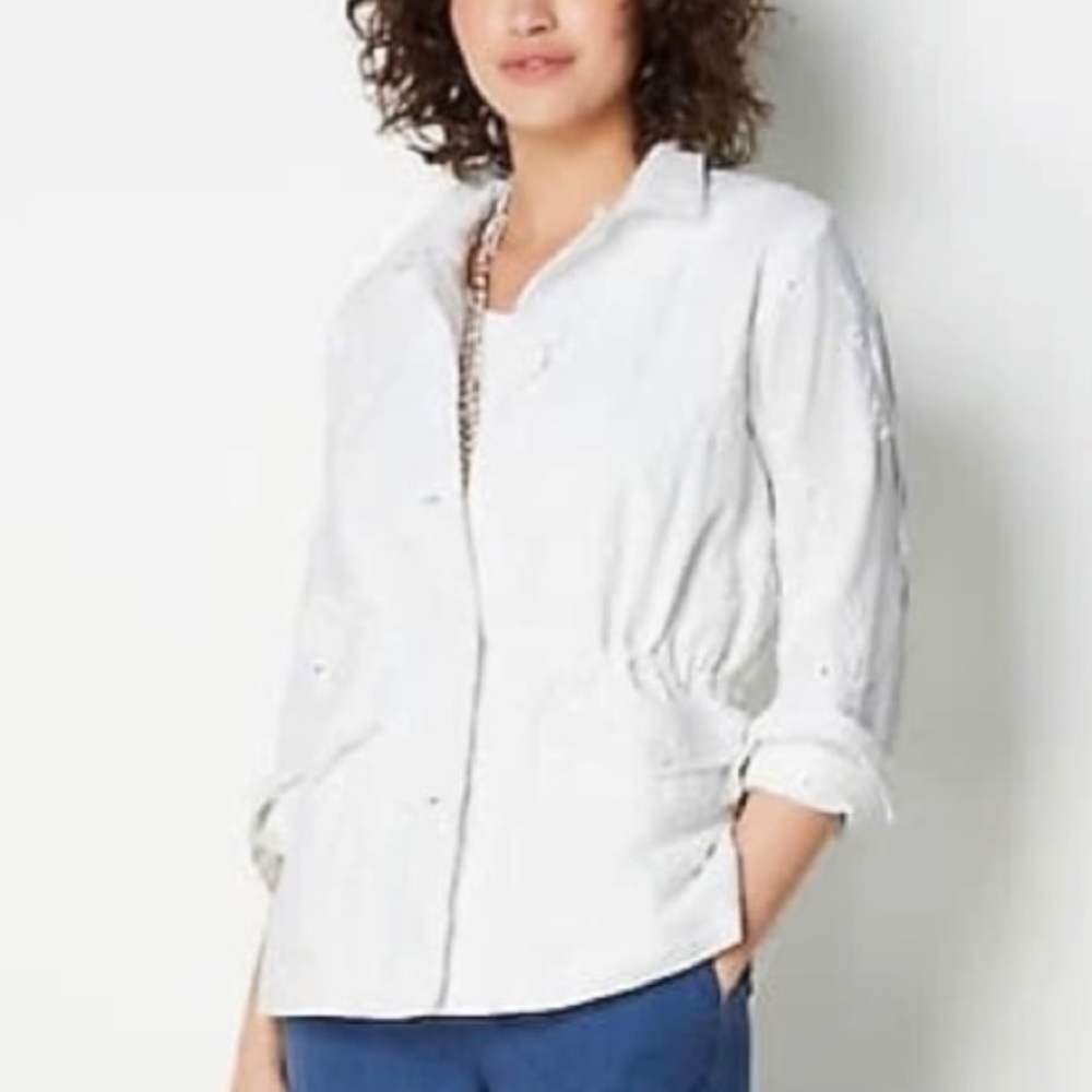 J. Jill white linen and cotton blend embroidered long sleeve jacket